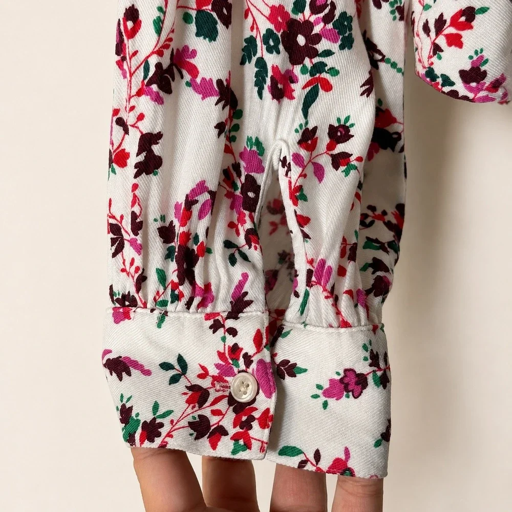 J.Crew Floral Ruffle White Pink Long Sleeve Button Front Blouse L